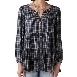 Lucky Brand Tiered Plaid Tunic Boho Peasant Top Button Front Blue and Tan size M